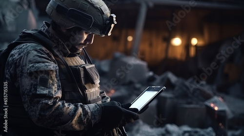 Soldier in professional uniform is holding tablet and analyzing data