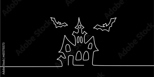 One line haunted house. Line art Halloween house. One line continuous Halloween banner. Outline vector illustration.