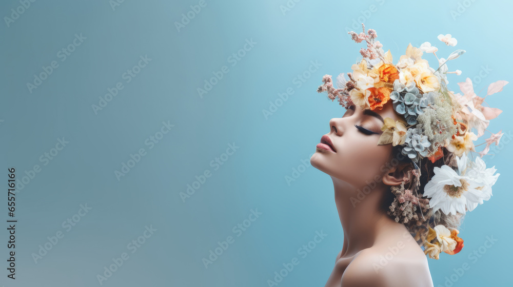 Surreal abstract woman portrait with flowers on the head. Against background - obrazy, fototapety, plakaty 