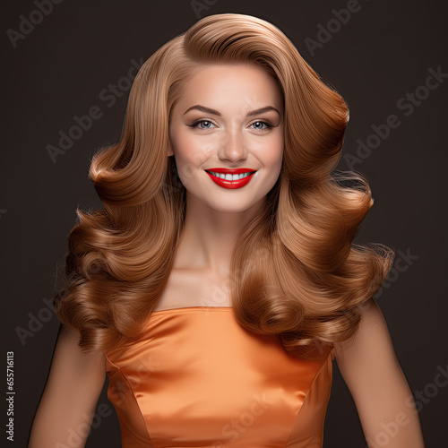Portrait of a beautiful young red-haired smiling European woman with high-quality makeup, red lipstick, white teeth, hair in big curls in an orange silk dress posing on a dark gray background