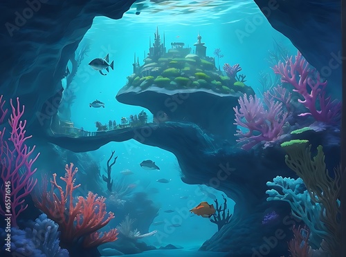 underwater world inhabited by brave child explorers, submarines, and colorful marine life, all on an epic quest photo