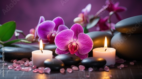 High-End Spa Wellness Background - Massage Stone, Orchid Flowers, Towels, and Burning Candles