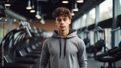 Teenage boy is standing at gym, motivated person