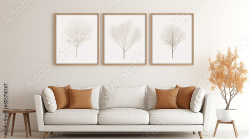 Beige sofa near white wall with three mock up poster