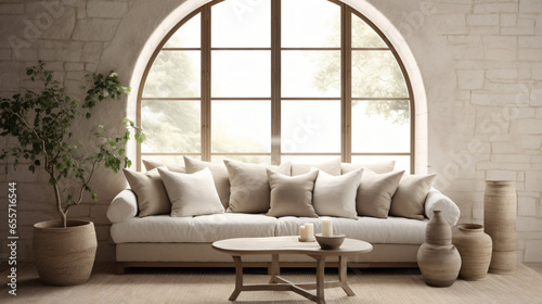 Beige sofa with cushions and plaid against of arched © Black