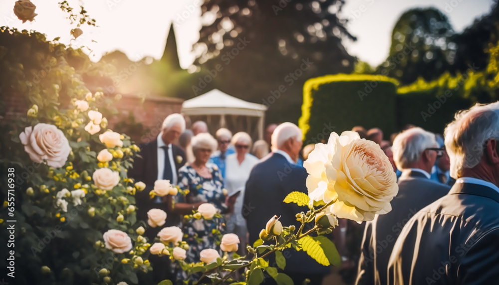 Wedding guests celebrating at a beautiful outdoor venue on a sunny day, luxury wedding decoration idea and decor inspiration with flowers, party event celebration at the garden estate. Generative Ai - obrazy, fototapety, plakaty 