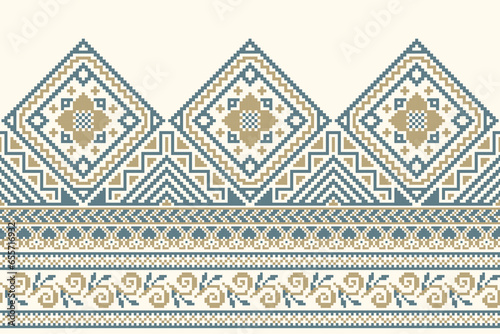flower embroidery on cream background. ikat and cross stitch geometric seamless pattern ethnic oriental traditional. Aztec style illustration design for carpet, wallpaper, clothing, wrapping, batik.