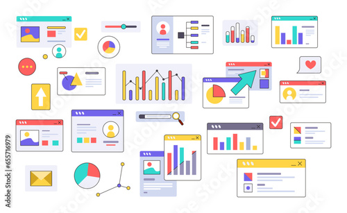 Graphics for displays, data statistics window interface. Rising and falling percentages diagrams showing business progress and regression. Vector set of abstract virtual elements, graphs flat icon
