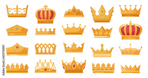 Golden royal jewelry symbol of king queen and princess, isolated flat cartoon icons set. Sign of crowning prince authority. Crown jewels symbol of emperor, coronet sign vector illustration