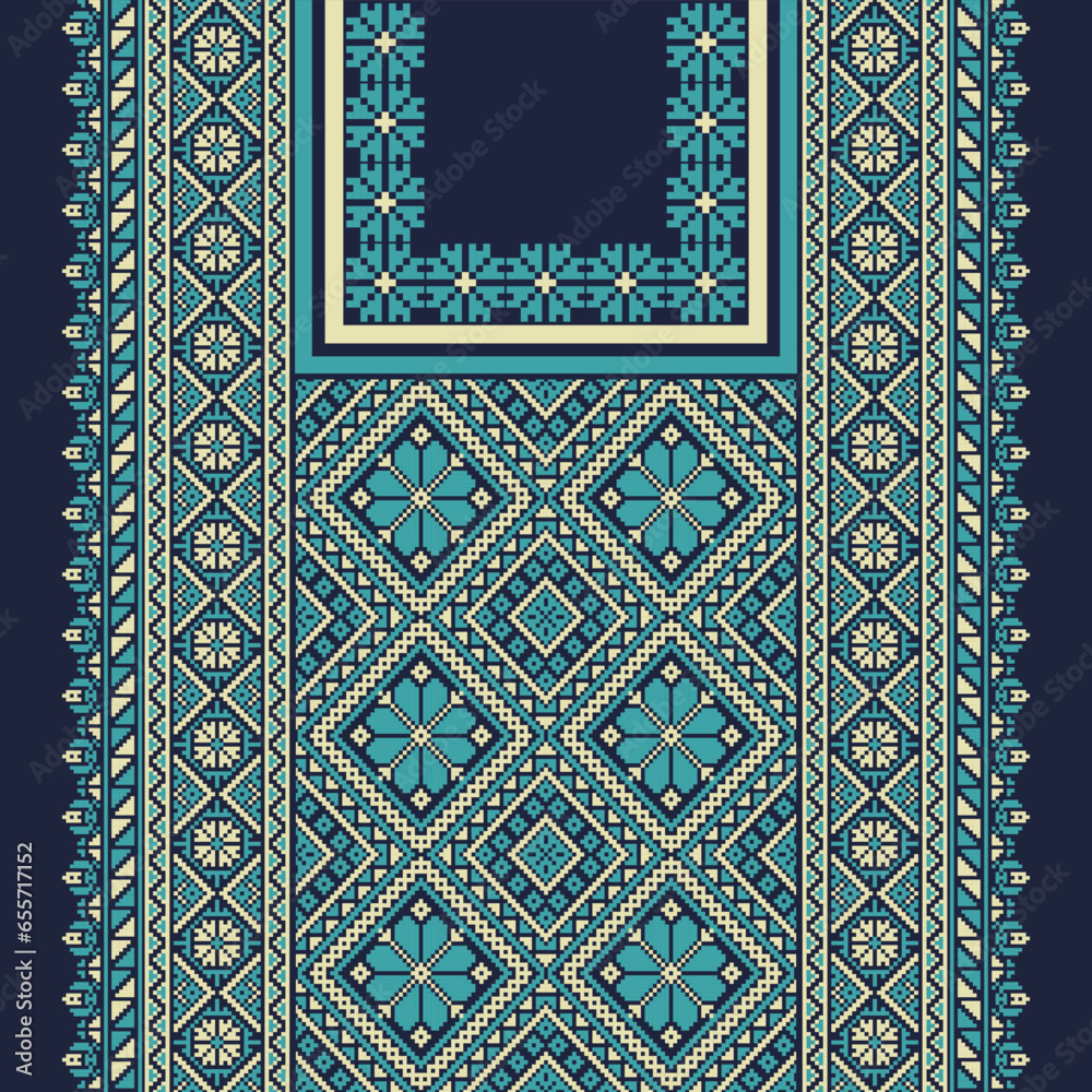 Obraz premium floral embroidery neckline background. ikat and cross stitch geometric seamless pattern ethnic oriental traditional. Aztec style illustration design for carpet, wallpaper, clothing, wrapping, batik.