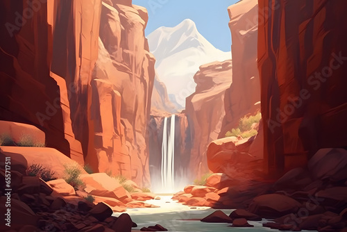 desert views of canyons and high cliffs and in the middle a waterfall Made with Generative AI
