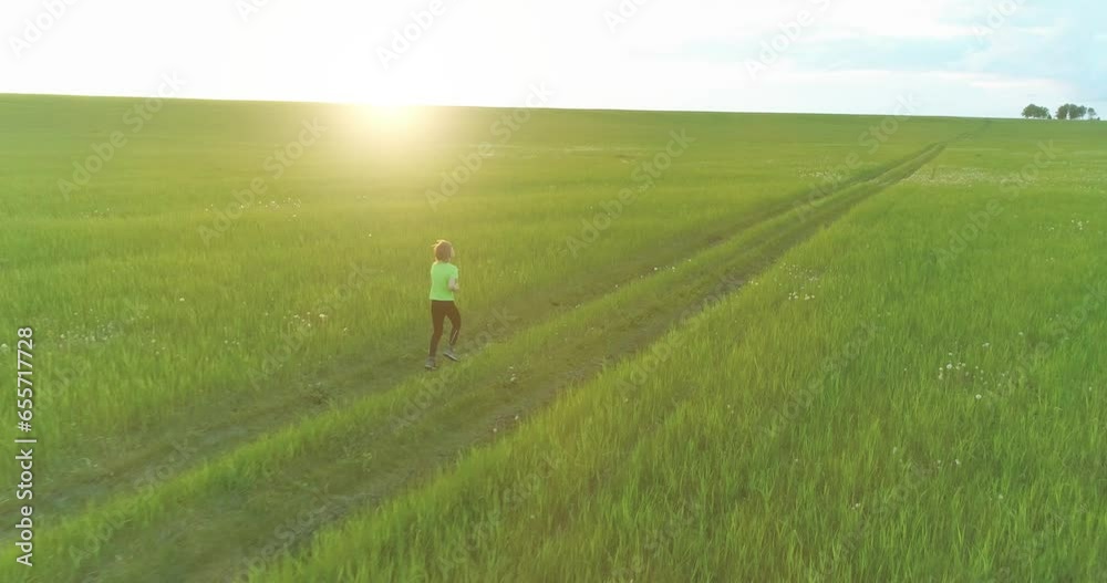 Aerial shoot of a sporty child runs through a wheat field. Evening sport training exercises at rural meadow. A happy childhood is a healthy way of life. Outdoor runing traning. Radial movement, sun Aerial shoot of a sporty child runs through a wheat field. Evening sport training exercises at rural meadow. A happy childhood is a healthy way of life. Outdoor runing traning. Radial movement, sun
