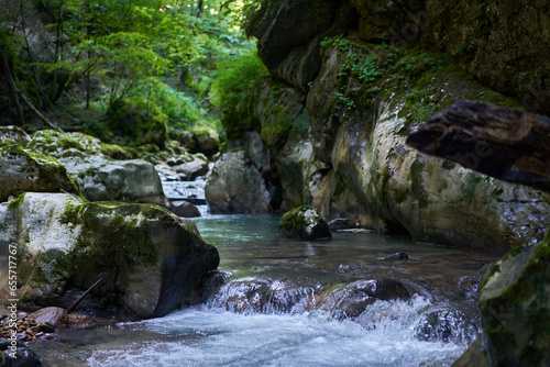 Mountain river with rapids and clear waters