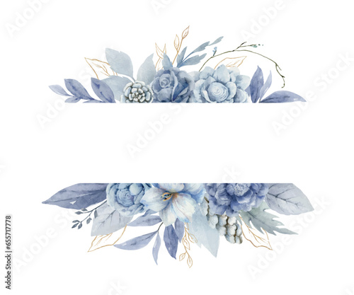 A watercolor vector banner with dusty blue flowers and leaves.