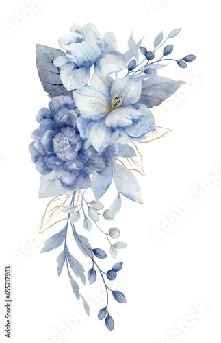 A vector watercolor wreath with dusty blue flowers and leaves.