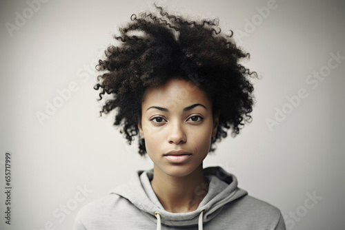 Calm young black woman standing against gray wall