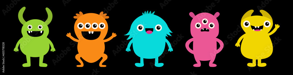 Fototapeta premium Happy Halloween. Cute monster set line. Colorful monsters with different emotions. Cartoon kawaii boo character. Funny face head. Childish baby collection. Black background. Flat design.