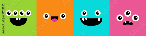 Monster face set line. Square head. Happy Halloween. Spooky Smiling Boo screaming sad face emotion. Cute character. Eyes, tongue, teeth fang, mouse. Flat design style. Baby kids background.