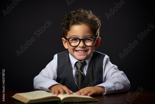 Scholarly Schoolgirl with Glasses Posed by Blackboard Photo