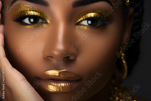 Beauty portrait of African American girl . Beautiful black woman touch her face . Facial treatment . Cosmetology , skin care and spa