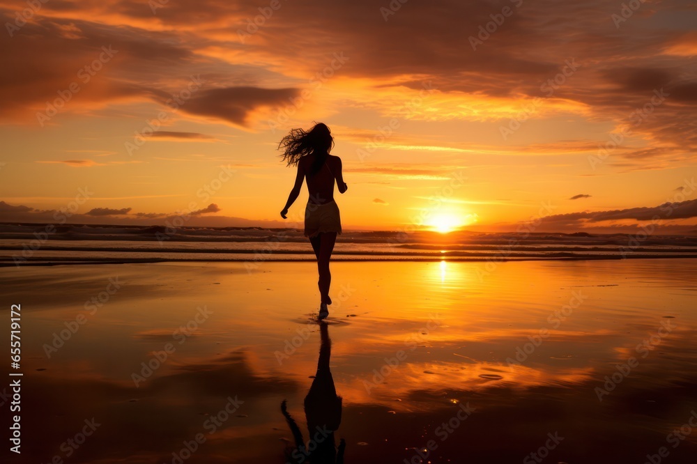 silhouette of a woman running on the beach at sunset. Wellness and healthy lifestyle.