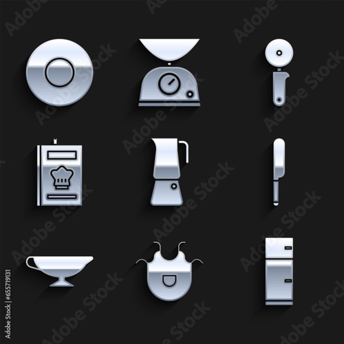 Set Moka pot, Kitchen apron, Refrigerator, Knife, Sauce boat, Cookbook, Pizza knife and Plate icon. Vector