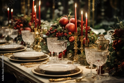 christmas table setting in classic red green color palette