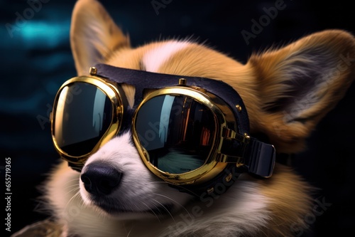 cyberpunk corgi dog in goggles in the city closeup. Superhero welsh corgi Pembroke illustration. © Dina