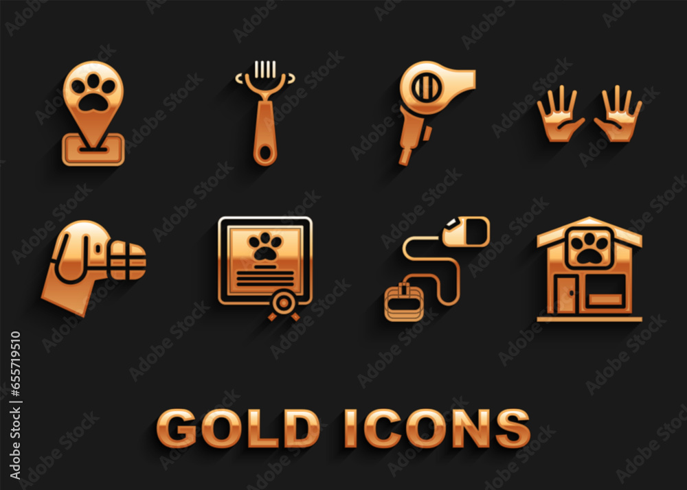 Set Certificate for dog or cat, Medical rubber gloves, Pet grooming, Retractable cord leash, Dog muzzle, Hair dryer, Location pet and brush and icon. Vector Set Certificate for dog or cat, Medical rubber gloves, Pet grooming, Retractable cord leash, Dog muzzle, Hair dryer, Location pet and brush and icon. Vector