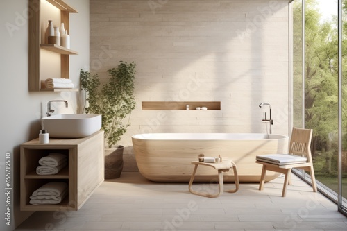 modern minimal beige interior of a bathroom of hotel or house with big window in nature