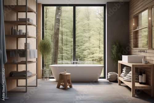 interior of a bathroom of hotel or house with big window in nature