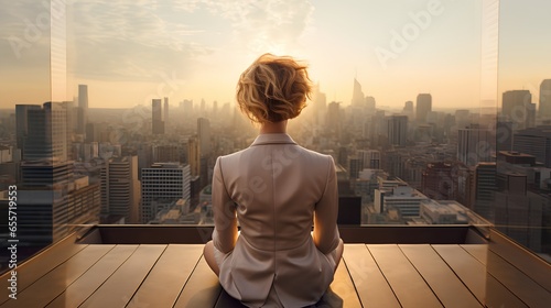 Professional business woman practicing mindfulness and meditation on rooftop of urban district above city. Calm and serene mental state for work and personal wellbeing balance. Strong leadership.