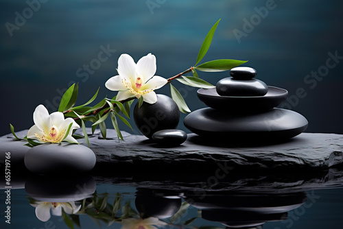 Tranquil spa pebble aquatic imagery in a minimalistic approach, artistic arrangement and ambiance, background with copy space