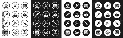 Set Safe, Grave with tombstone, Baseball bat nails, Thief mask, Money bag, Murder, Bullet and Broken bottle weapon icon. Vector