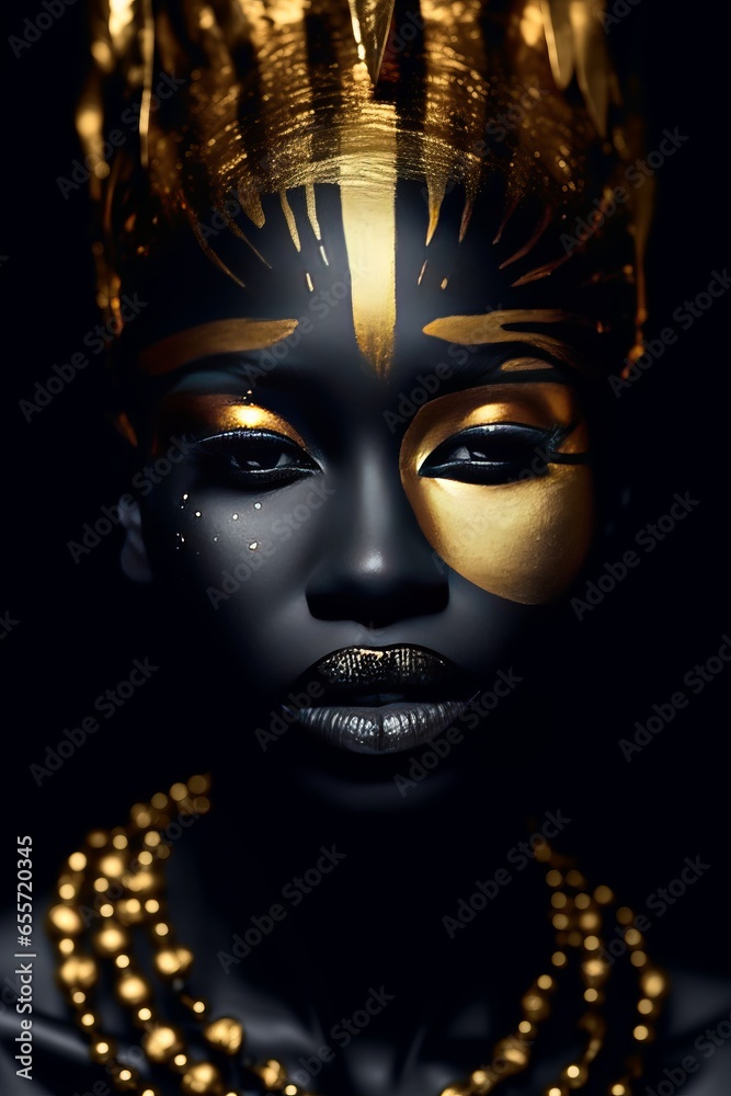 Black Beauty with Golden Eyes - Bio-Art Style - Raw Metallicity - Mastery in Black and White - African Influence - Generative AI