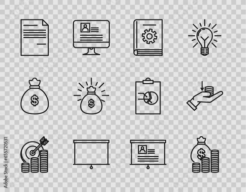 Set line Target with coin symbol, Money bag and, User manual, Chalkboard, Document, Board resume and hand icon. Vector