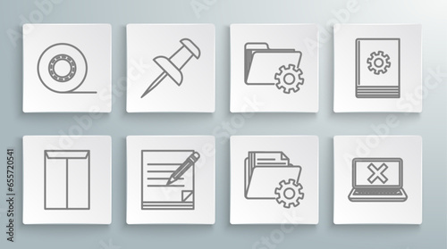 Set line Envelope, Push pin, Blank notebook and pencil with eraser, Folder settings gears, Laptop cross mark on screen, User manual and Scotch icon. Vector