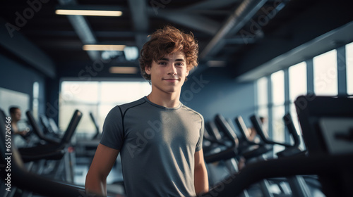 Teenage boy is standing at gym, motivated person photo