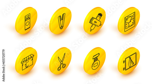 Set line Barbershop with razor, Scissors hairdresser, building, Glass of whiskey and ice cubes, Crossed electrical clipper shaver, Curling iron for and Shaving gel foam icon. Vector