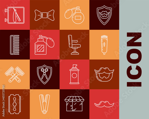 Set line Mustache, and beard, Electrical hair clipper or shaver, Aftershave, Hairbrush, Barbershop with razor and chair icon. Vector