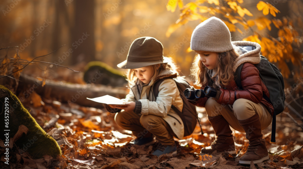 Two little kids in warm hats are examining leaves and autumn forest Two little kids in warm hats are examining leaves and autumn forest