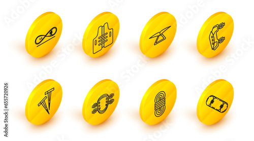 Set line Skateboard trick, Climber rope, Knee pads, Pegs for tents, Hang glider, Life jacket and icon. Vector