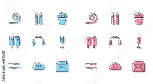 Set line Grilled shish kebab, Music streaming service, Birthday party horn, Envelope with invitation card, Headphones, Glass of champagne, Ice cream and cake candles icon. Vector