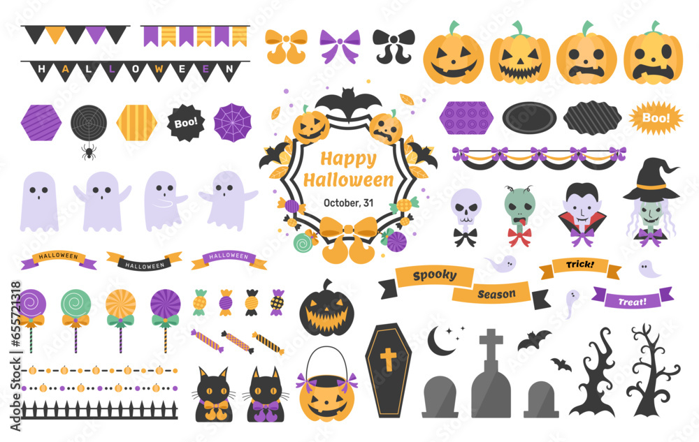 Set of cute Halloween stickers and drawings, symbols of the holiday, group of badges, labels, ribbons, vector illustrations.