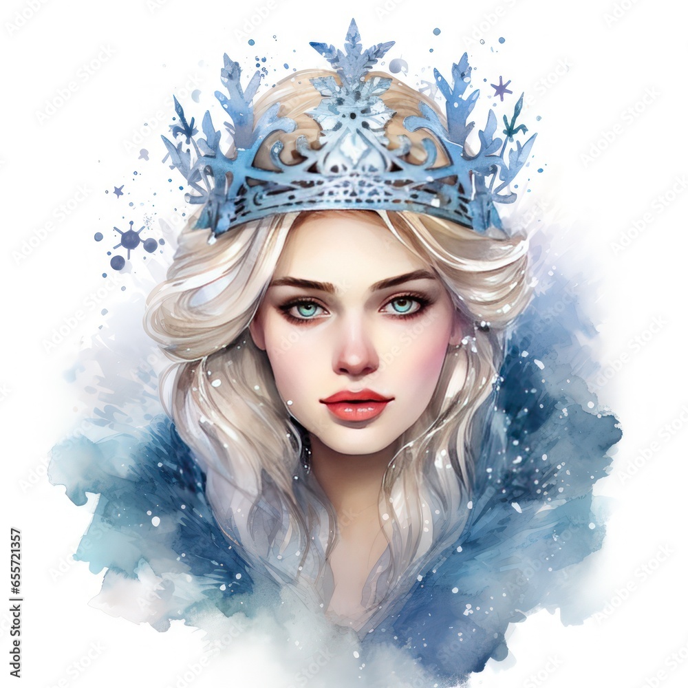 Regal Charm of Snow Queen Adorned in Sparkling Crown Watercolor Clipart Regal Charm of Snow Queen Adorned in Sparkling Crown Watercolor Clipart