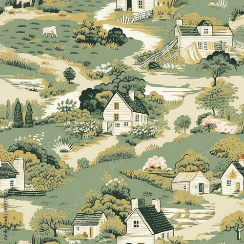 Seamless pattern, English countryside landscape and cottage country style print for wallpaper, wrapping paper, scrapbook, fabric and product design, generative ai