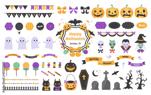 Set of cute Halloween stickers and drawings, symbols of the holiday, group of badges, labels, ribbons, vector illustrations.
