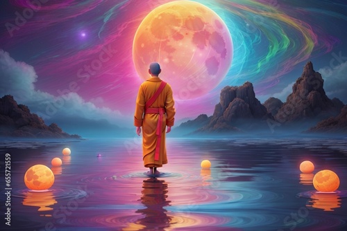 monk walking on water towards a bright neon large moon, spiritual, relaxing, beautiful, serene.