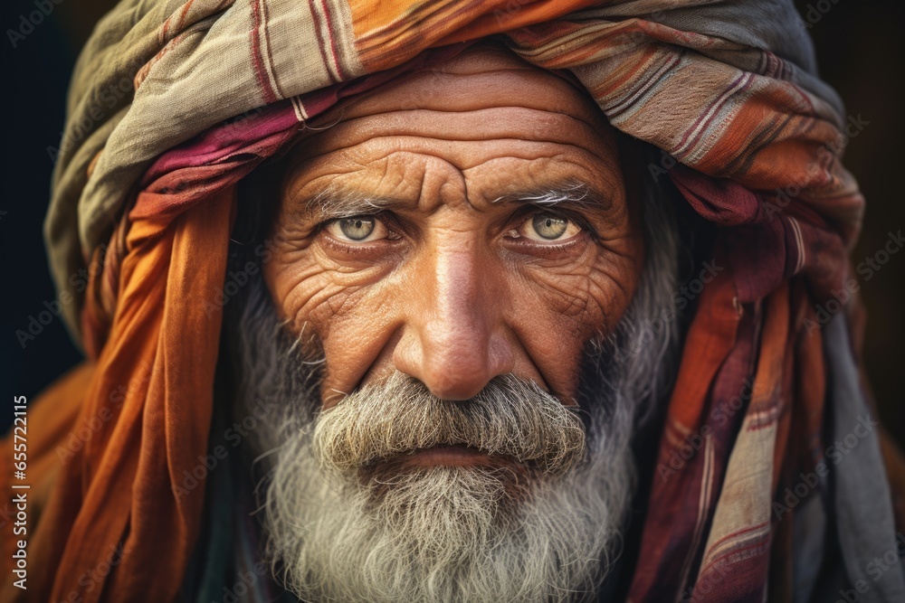 A close-up view of a person wearing a turban. This image can be used to depict cultural diversity, traditional clothing, or religious practices.