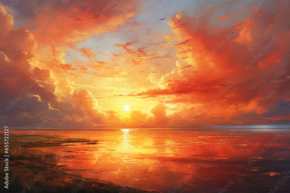 A beautiful painting capturing the serene moment of a sunset over a body of water. Perfect for adding a touch of tranquility to any space.